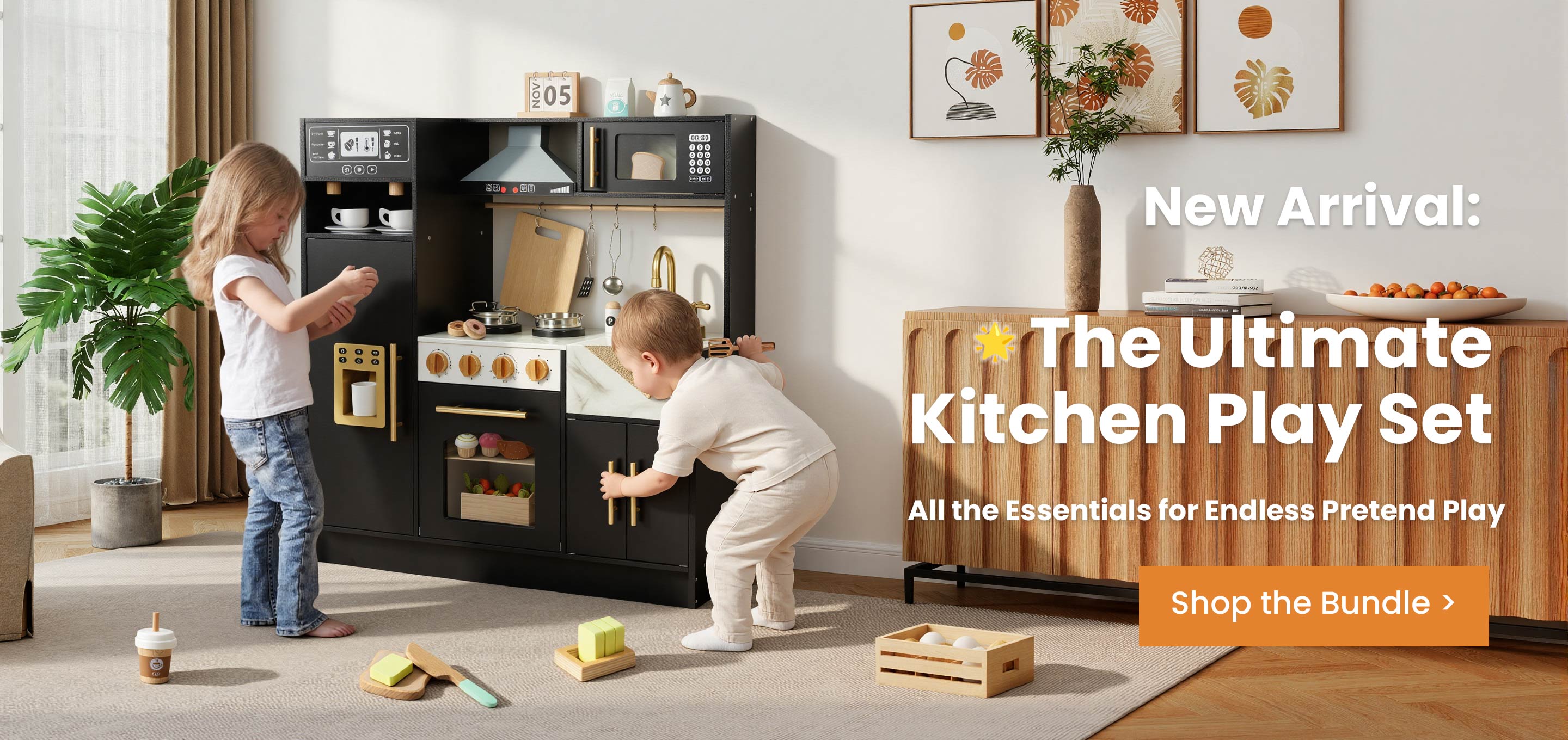Kids playing with Labebe wooden Montessori kitchen play set, encouraging pretend play and early learning